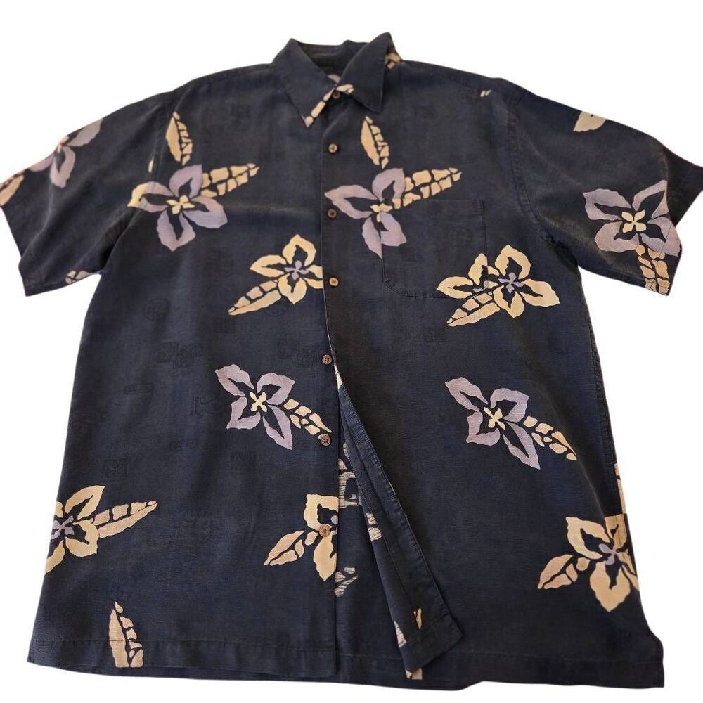 Firethorn Mens Floral 100% Silk Short Sleeve Hawaiian Shirt Black Medium